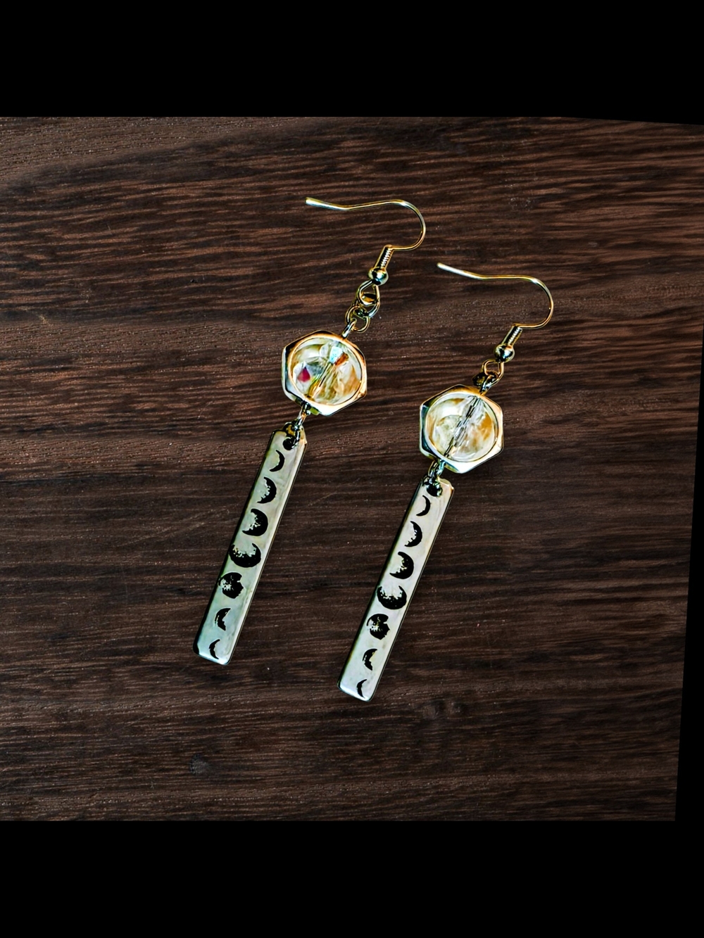 Stainless Steel Moon Phase Dangle Earrings with Iridescent Crystal Accent